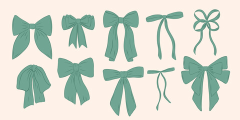 Wall Mural - Set of bow in vintage style. Doodle hairpin. Design elegant green elements