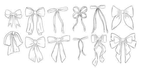 Wall Mural - Set of bow in retro style. Doodle outline bow. Design elegant elements