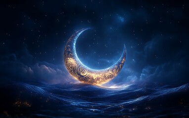 ornate crescent moon glowing over a sea of clouds at night.