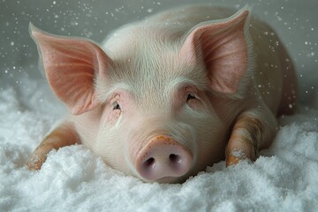 Poster - A small pig lying on top of a pile of snow, great for winter or farm themed projects