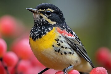 Wall Mural - A bird perches on a cluster of bright red berries