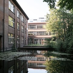 Wall Mural - A serene scene featuring a small pond in front of a building, ideal for peaceful atmosphere images