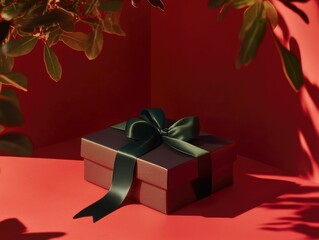 Poster - Gift box with green bow on red surface