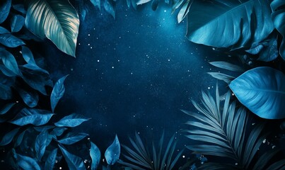 collection of tropical leaves,foliage plant in blue color with space background