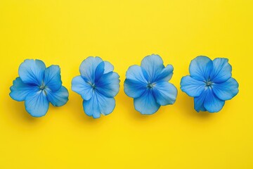 Poster - A bouquet of three blue flowers sitting on a bright yellow background