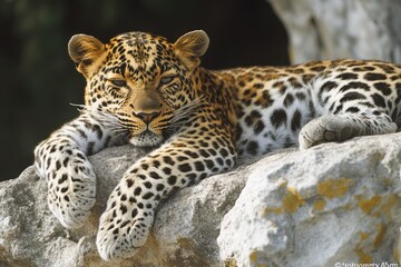 Canvas Print - A leopard resting on a large rock