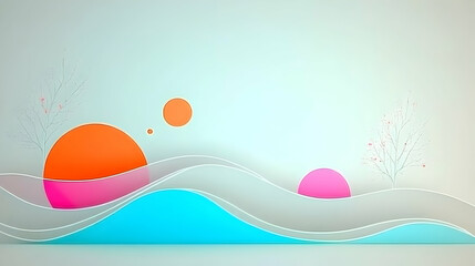 Abstract pastel landscape with wavy lines, floating spheres, and minimalist trees; ideal for website banners or presentations.