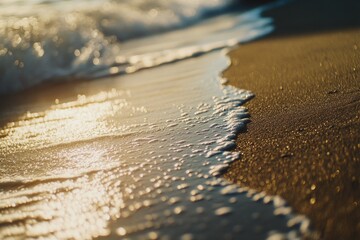 Wall Mural - A close-up shot of a wave crashing onto the sandy beach, with water foam and sea spray visible