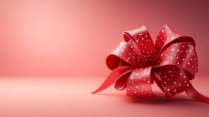 Red decorative ribbon bow on a soft pink background