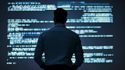 Programmer analyzes complex code on a digital screen while standing in a modern workspace during evening hours