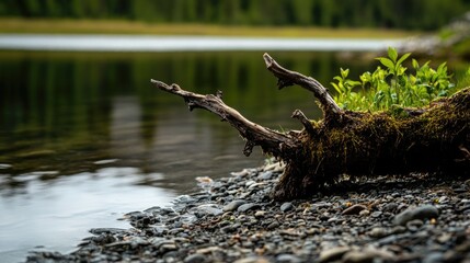 Canvas Print - A lone tree trunk lies on the beach of a serene lake, surrounded by calm water and lush vegetation