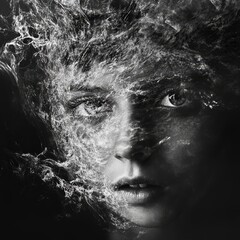Wall Mural - woman's face intertwined with swirling patterns of water creating an ethereal effect in a black and 