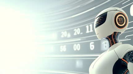 Futuristic robot analyzes data streams, innovative technology background, AI development concept, website banner.