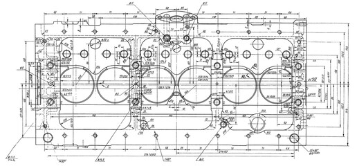 Wall Mural - cylinder block of engine of cargo vehicle. engineering mechanical drawing of automotive device. indu