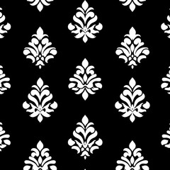 Modern geometric flower pattern in white and black, presented on a seamless background. Suitable for fabric, wallpaper, and packaging as a decorative print.