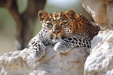 Wall Mural - A leopard lying on a large rock