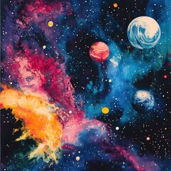 Canvas Print - planetary system with multiple celestial bodies orbiting each other, ideal for space-themed concepts