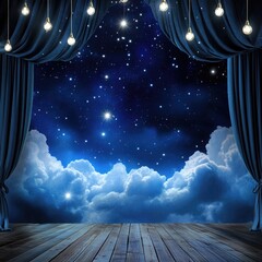 Wall Mural - a dimly lit stage with blue curtains and stars shining bright, perfect for a dramatic performance or