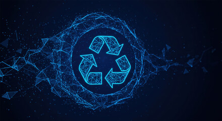 Abstract mash line and point scales on Blue dark background with Recycle icon symbol vector. glowing blue 3D mesh polygonal network line, design sphere, dot, and structure.
