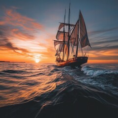 Wall Mural - A sailboat gliding through calm waters at sunset, perfect for travel or adventure use