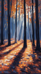 Wall Mural - Herbstlicher Wald mit Sonnenstrahlen und langen Schatten

