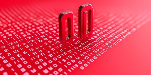 A red matrix wall with a digital display of numbers and letters, showcasing futuristic technology, binary code, computer data, virtual internet networks, digitization, coding, cyberspace, and
