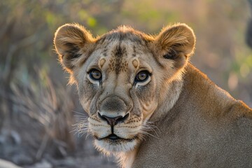 Canvas Print - Close-up shot of a lion's face with blurred background