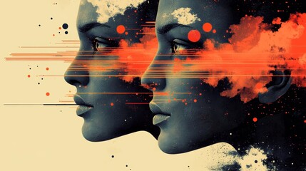 Wall Mural - Artistic depiction of dual human profiles featuring abstract elements with vibrant red and orange hues suggesting movement and depth