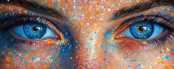 Canvas Print - Artistic close-up of vibrant, colorful eyes covered in a striking array of multicolored paint splashes creating a vivid and mesmerizing visual effect