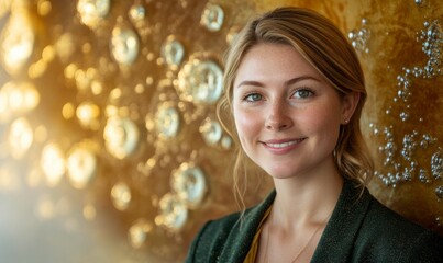 Wall Mural - portrait of a girl against a background of glistening oil bubbles on water against a background of warm colours