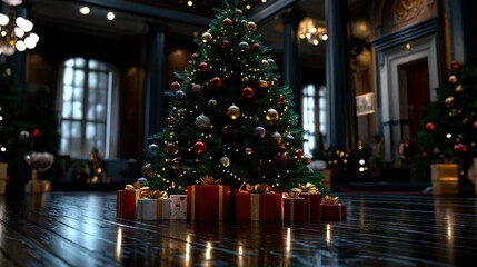 A Christmas tree with many ornaments and a large number of presents under it