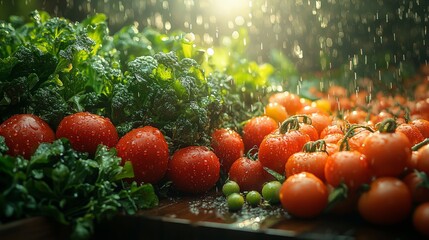 Fresh tomatoes and greens in natural light