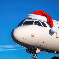 Poster - An airplane with a festive Santa hat on the nose, ideal for winter-themed illustrations or holiday advertisements