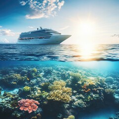 Wall Mural - A cruise ship sailing through the ocean near a vibrant coral reef, perfect for travel and tourism use