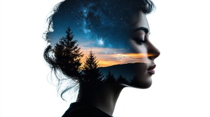 Wall Mural - a woman's face is shown in a painting of a forest at sunset