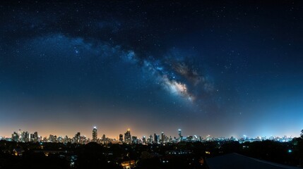 Wall Mural - the night sky is filled with stars and the city below is lit up with lights