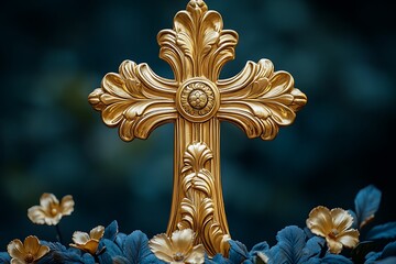 Wall Mural - A golden ornate cross surrounded by decorative flowers and foliage.