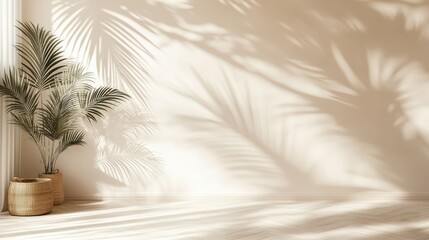 Wall Mural - Palm leaf shadows on white wall and cream pastel floor. Abstract background of shadows palm leaves for creative summer mock-up. Neutral tropical palm mockup on light backdrop. Vertical