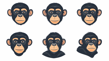 Wall Mural - Six chimpanzee head illustrations showing different expressions, against a plain background.  Possible use educational material, children's book illustrations.