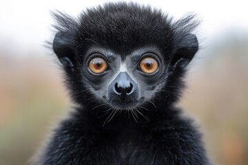 Canvas Print - Close-up of a black monkey's face with bright orange eyes, great for wildlife or animal-themed designs