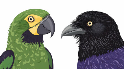 Wall Mural - Colorful parrot and crow bird portraits on white background.  Possible use educational material or children's book illustration.