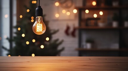 Wall Mural - Empty woooden table top with abstract warm living room decor with christmas tree string light blur background with snow,Holiday backdrop,Mock up banner for display of advertise product.Empty woooden