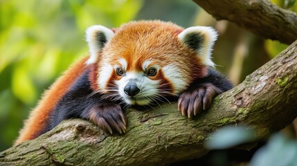 Wall Mural - A close-up view of a red panda sitting on a tree branch, looking directly at the camera