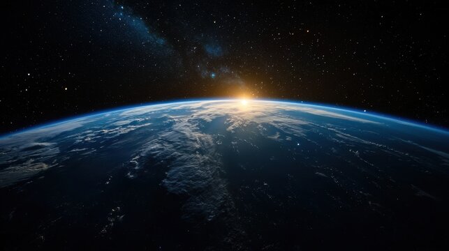 A view of the Earth from space, with the sun rising over the horizon