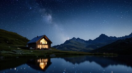 Wall Mural - a small house is on a hill overlooking a lake
