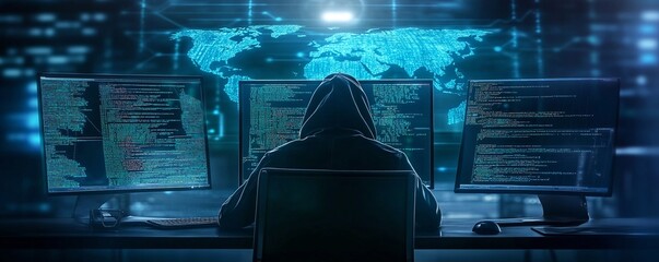 Hooded hacker working on computer. Dark operating room with multiple monitors. Cybercrime, attack and cyberattack concept. Cybersecurity, data protection. Global network. Banner, header