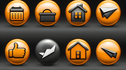 Orange web buttons, calendar, bag, house, paper plane, social media, on dark background, for website design.