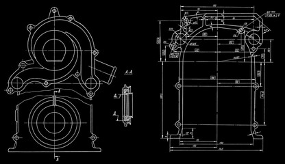 Wall Mural - Gasket and lid of car.
Engineering automotive mechanical drawing of steel 
device. Industrial cad scheme on paper sheet. 
Technology design of machine building industry. 
Machined template.