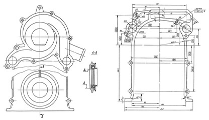 Wall Mural - gasket and lid of car. engineering automotive mechanical drawing of steel device. industrial cad sch
