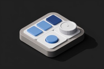 Poster - A minimalist 3D render of a control panel featuring buttons and a knob, suggesting settings or adjustments.